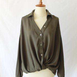 Olive Button-down Blouse with Gathered Front (NWT)